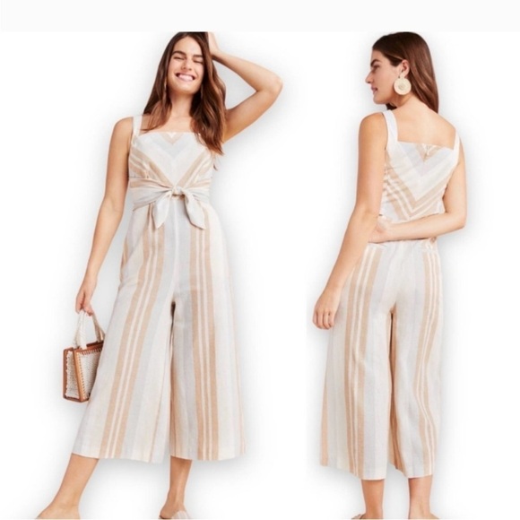 Anthropologie Savannah Jumpsuit Stripe Linen Tan White Neutral Wide Crop Leg 14 - Picture 4 of 16